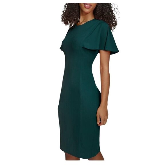 Calvin Klein Womens Dark Green Short Flutter Sleeve Sheath Midi Dress Sz 12 New - Picture 10 of 11